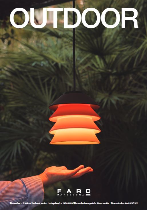 Outdoor pendant lamp with stacked orange shades hanging above an open hand, greenery in the background; Faro Barcelona branding.