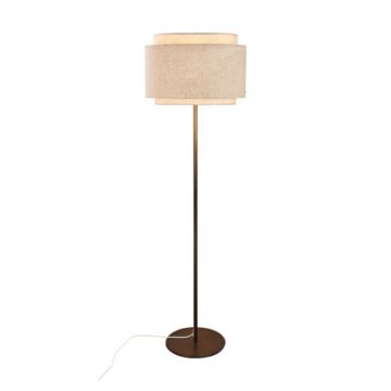 Tall bronze floor lamp with a beige fabric lampshade and a visible power cord trailing on the floor