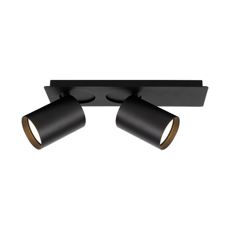 Black dual-headed ceiling track light with two adjustable spotlights mounted on a rectangular plate.