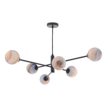 Modern black chandelier with six globe lights featuring marbled beige and blue glass balls on a central hub, ceiling-mounted display fixture.