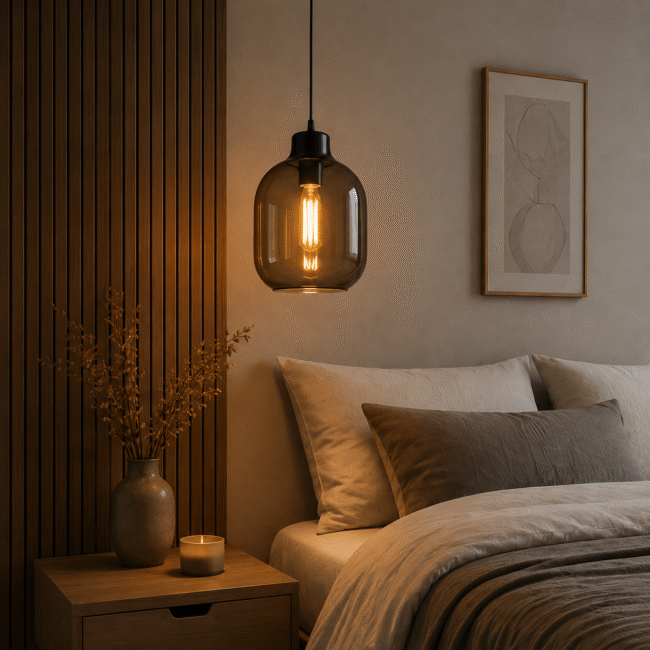 Bedroom with a warm glass pendant light over a bed, beige bedding, and a nightstand holding a vase of dried branches and a candle.